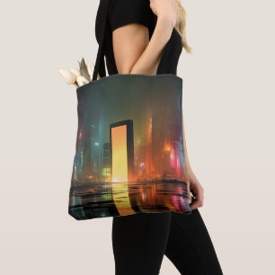 Futuristisch stadslandschap met neonreflecties draagtas