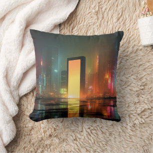Futuristisch stadslandschap met neonreflecties kussen