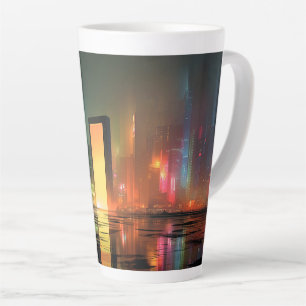 Futuristisch stadslandschap met neonreflecties latte mok