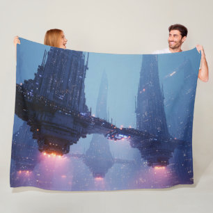 Futuristisch stadslandschap met zwevende structure fleece deken