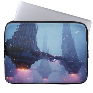 Futuristisch stadslandschap met zwevende structure laptop sleeve