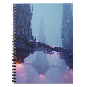 Futuristisch stadslandschap met zwevende structure notitieboek
