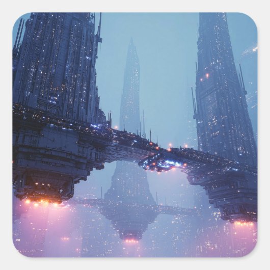 Futuristisch stadslandschap met zwevende structure vierkante sticker (Voorkant)