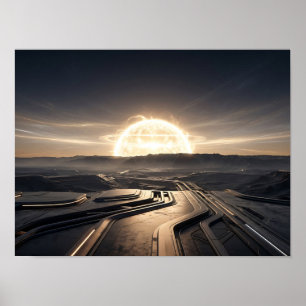 Futuristisch zonne-energie landschap bij schemerin poster