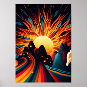Futuristische aarde en zon lijnkunst retro 3 poster