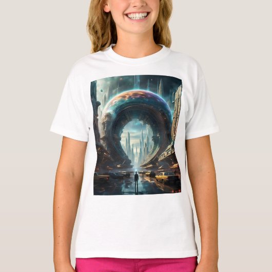 Futuristische Alien Planet Portal met Magic Gate T-shirt (Voorkant)