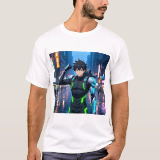Futuristische Anime Cyborg Jongen in Neon Stad – S T-shirt