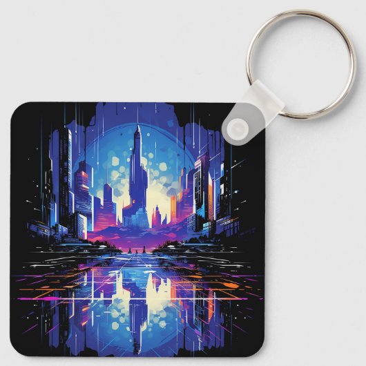 Futuristische Cyberpunk City Skyline Sleutelhanger (Achterkant)