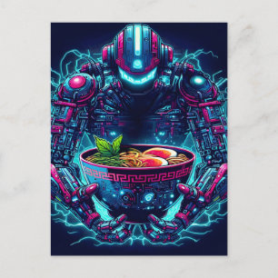 Futuristische Cyberpunk Robot Neon Voedsel Ramen Aankondigingskaart