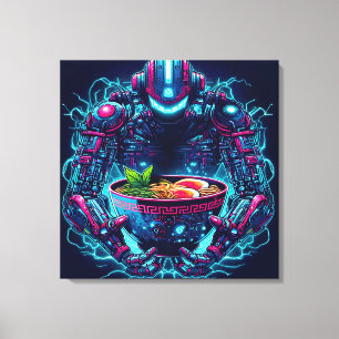 Futuristische Cyberpunk Robot Neon Voedsel Ramen Canvas Afdruk