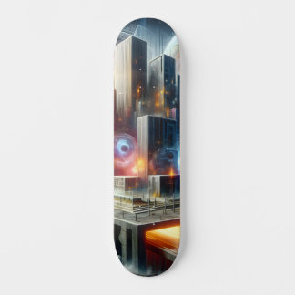 Futuristische drijvende metropool met kosmische po skateboard