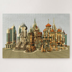 Futuristische Fantasie Stad Sci-Fi Silhouet Kunst Legpuzzel