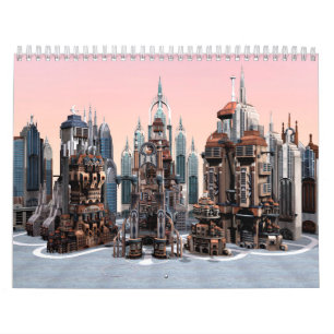 Futuristische Fantasie Stad Sci-Fi Silhouette Kuns Kalender