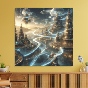 Futuristische Fantasy Space City Streams Canvas Afdruk