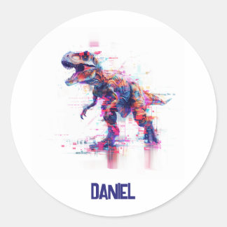 Futuristische Glitch T-Rex Dinosaurus met Kinder n Ronde Sticker
