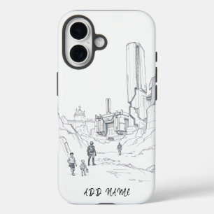 Futuristische landschapsschets met figuren iPhone 16 hoesje