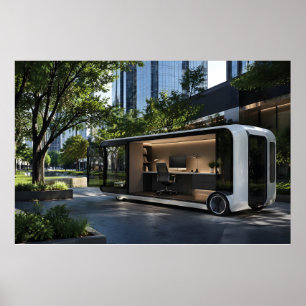 Futuristische mobiele kantoorpod in stedelijke nat poster