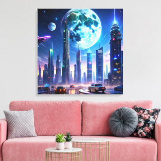 Futuristische Neon Cityscape met vliegende auto's Canvas Afdruk