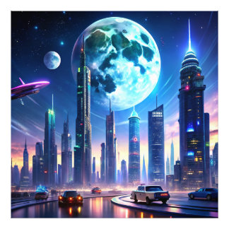 Futuristische Neon Cityscape met vliegende auto's Foto Afdruk
