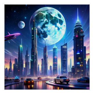 Futuristische Neon Cityscape met vliegende auto's Perfect Poster