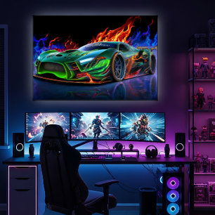 Futuristische neon groene supercar vuur poster