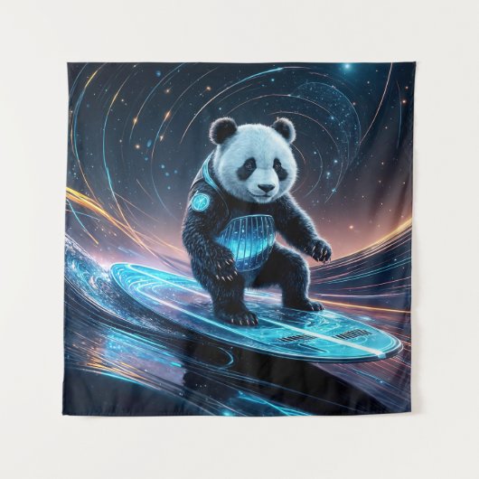 Futuristische Panda Surfen Stardust Golven Wandkleed (Voorkant)