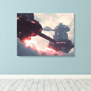 Futuristische platforms in de wolken bij schemerin canvas afdruk