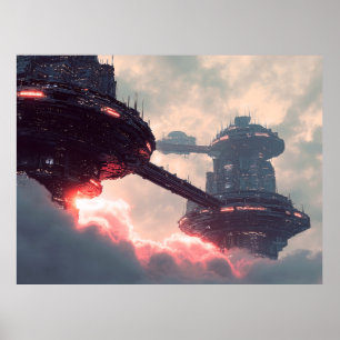 Futuristische platforms in de wolken bij schemerin poster