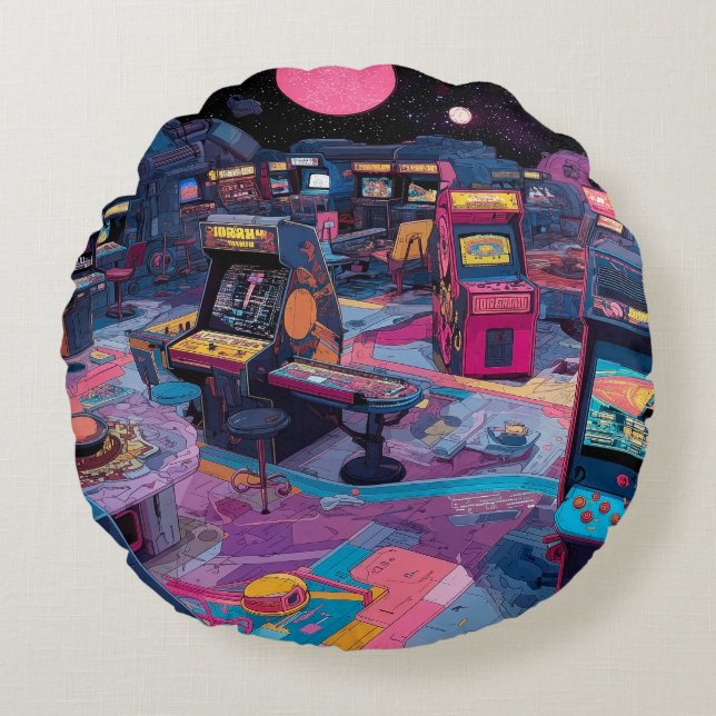 Futuristische Retro Arcade in de Buitenruimte Rond Kussen (Voorkant)