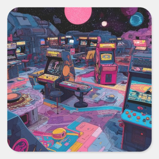 Futuristische Retro Arcade in de Buitenruimte Vierkante Sticker (Voorkant)