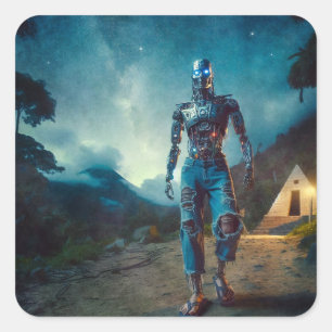 Futuristische robot in een antiek landschap vierkante sticker