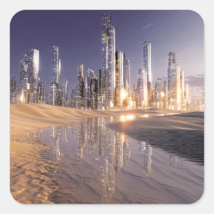 Futuristische Science-Fictionstad gereflecteerd in Vierkante Sticker