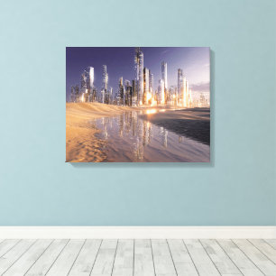 Futuristische sciencefictionstad weerspiegeld in w canvas afdruk