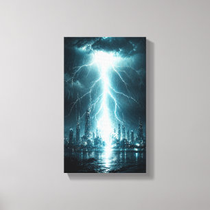 Futuristische Stad Blikseminslag Muurkunst – Cyber Canvas Afdruk