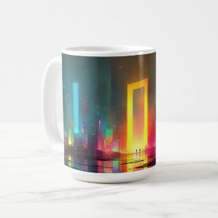 Futuristische stad met stralend neonportaal koffiemok