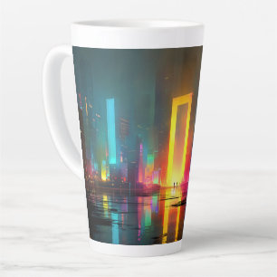 Futuristische stad met stralend neonportaal latte mok