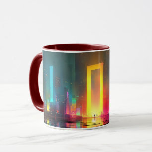 Futuristische stad met stralend neonportaal mok