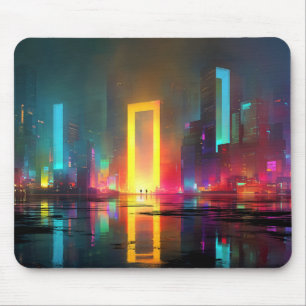 Futuristische stad met stralend neonportaal muismat