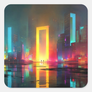 Futuristische stad met stralend neonportaal vierkante sticker