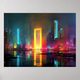 Futuristische stad met stralende neonportaal poster