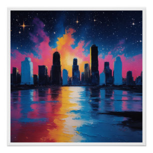 Futuristische Stedelijke Silhouet bij Zonsondergan Perfect Poster