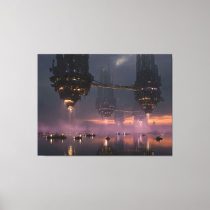Futuristische torens zwevend boven de haven canvas afdruk