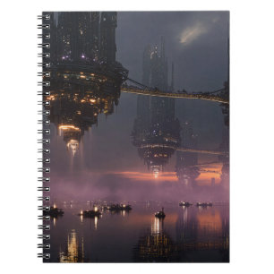 Futuristische torens zwevend boven de haven notitieboek