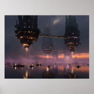 Futuristische torens zwevend boven de haven poster