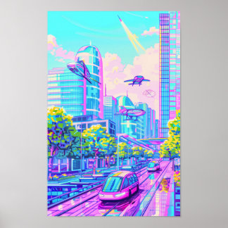 Futuristische vliegende auto's Landschap Poster