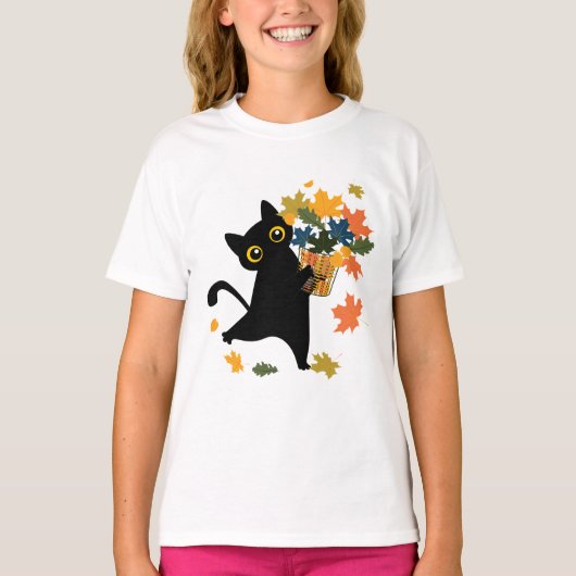 fuuny black Cat Leaf Fall Hello Autumn T-shirt (Voorkant)
