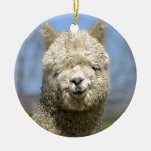 Fuzzy White Alpaca Face Keramisch Ornament