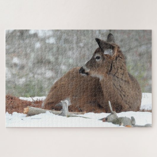 Fuzzy White Tailed Deer Fawn rustte in sneeuw Legpuzzel (Horizontaal)