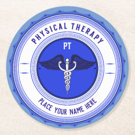 Fysieke therapie Blauwe Caduceus Aangepaste Naam Ronde Kartonnen Onderzetter