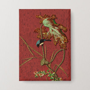 G.A. Audsley Vintage Rode Japanse Vogel Lotus Kuns Button